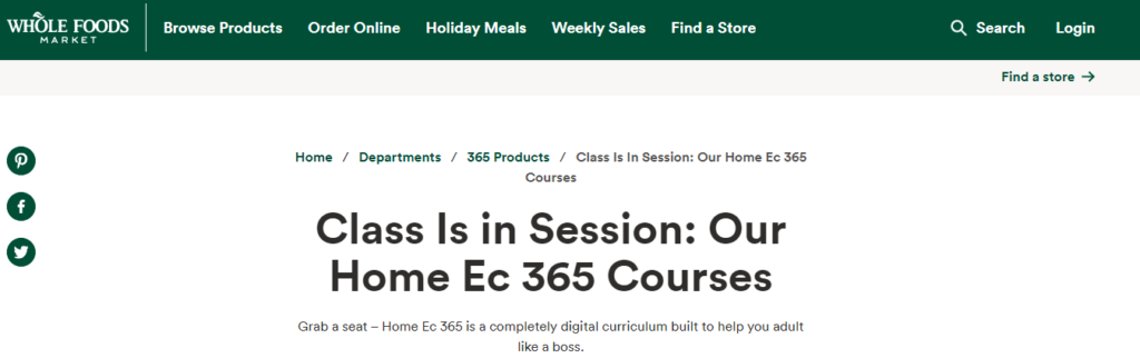 Cooking classes on the Whole Foods website