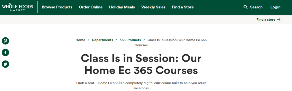 Clases de cocina en el sitio web de Whole Foods.