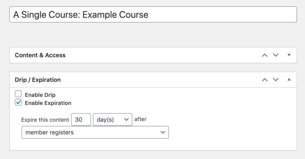 Enabling expiration for a MemberPress course using access rules.