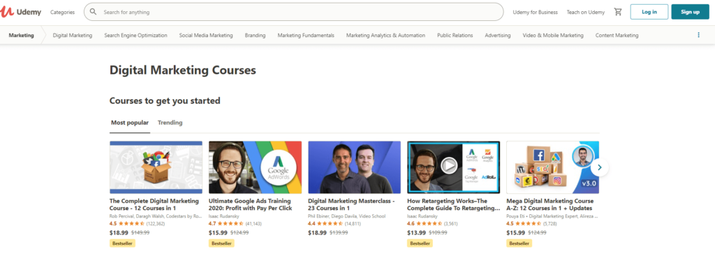 Udemy's Auswahl an Online-Marketing-Kursen.