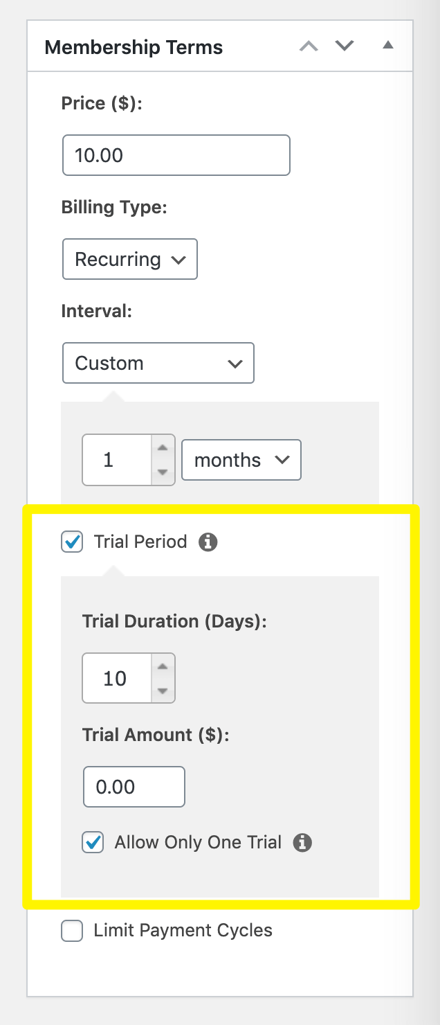 Enabling a free trial period for a membership in MemberPress.