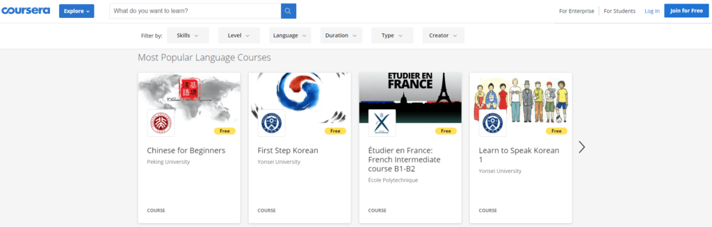 Foreign language classes found on Coursera