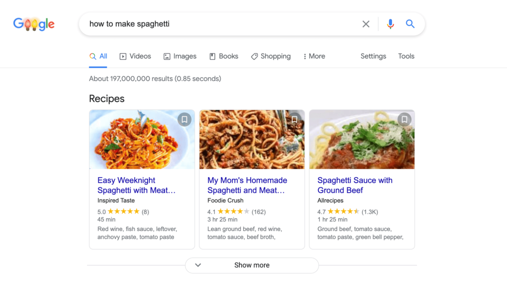 Examples of Google results for spaghetti recipes.