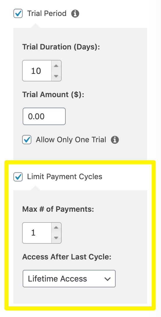 Limiting payment cycles to create a course with a free trial and a one-time purchase.
