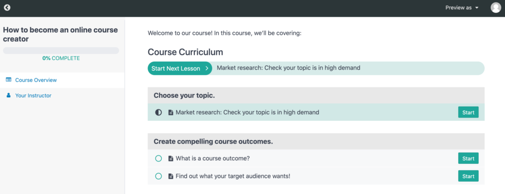 An example of a course listing and layout in MemberPress Courses.