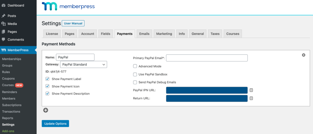 MemberPress' payment gateway settings. 
