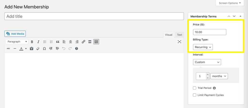 Setting the pricing for a new membership in MemberPress.