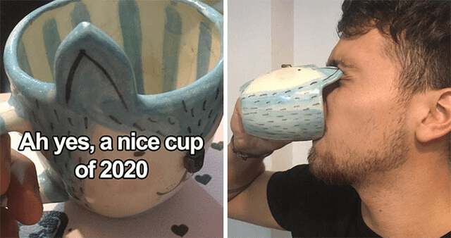 Meme showing a cat mug that pokes your eyes when you drink