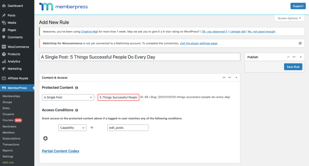 Screenshot of MemberPress admin - Capabilities option entered: edit_posts.