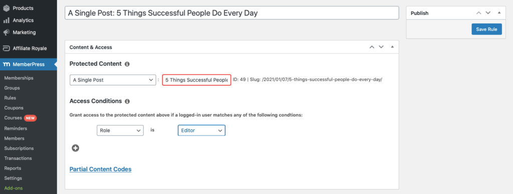 Screenshot of MemberPress admin Rules option selected Editor