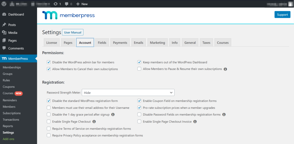 A screenshot of MemberPress from the WordPress Dashboard.