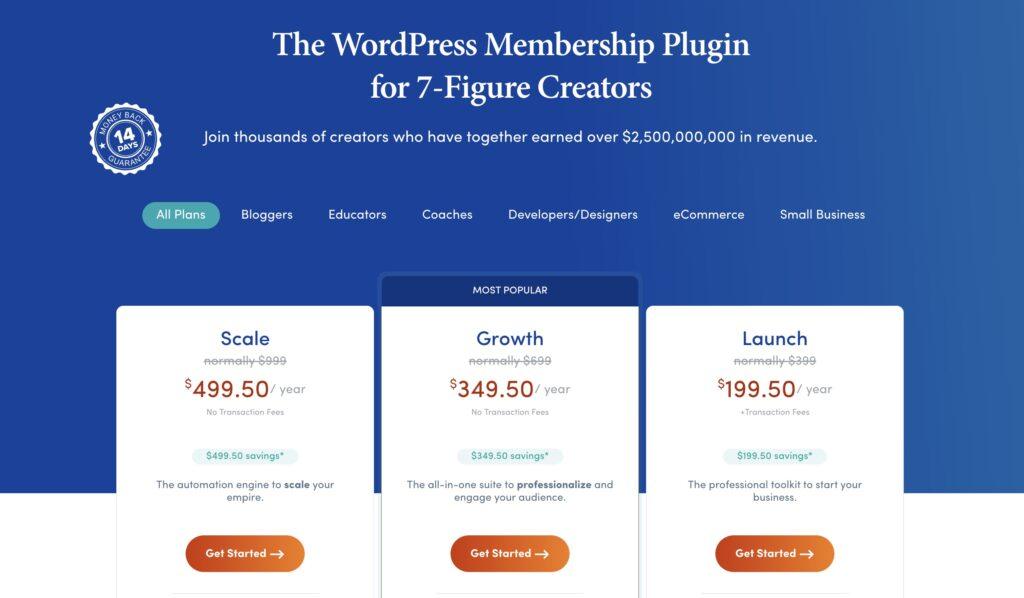 Captura de tela da página de preços MemberPress 2026