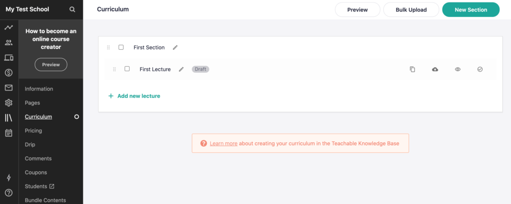 A plataforma do sistema de gerenciamento de aprendizagem Teachable. 