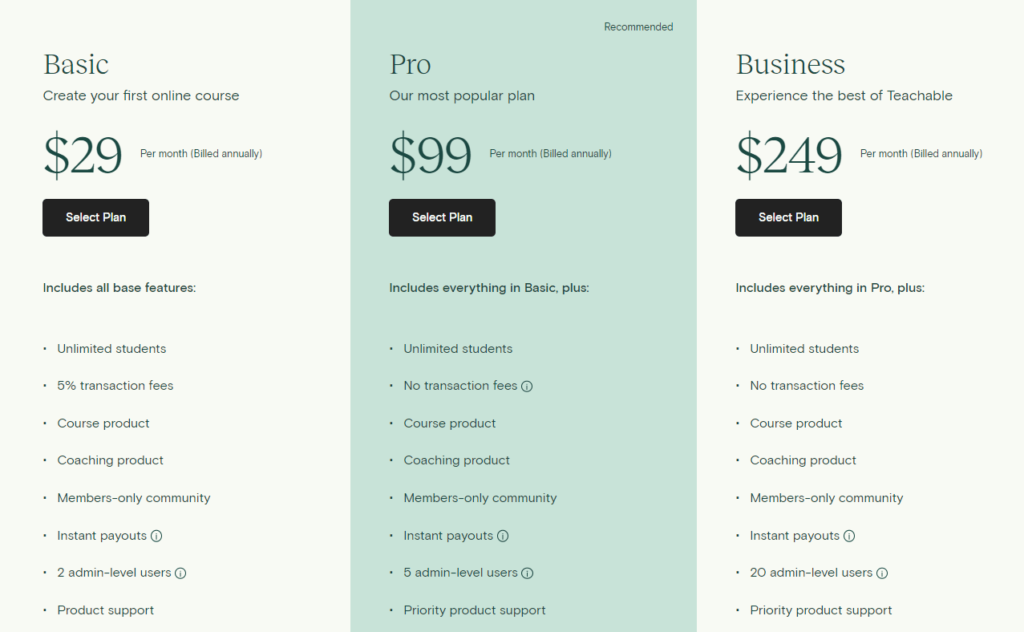 The pricing plans available with Teachable.