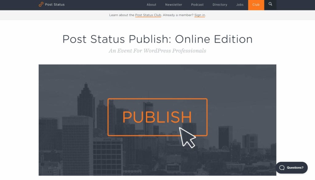 The Post Status Publish WordPress conference home page.