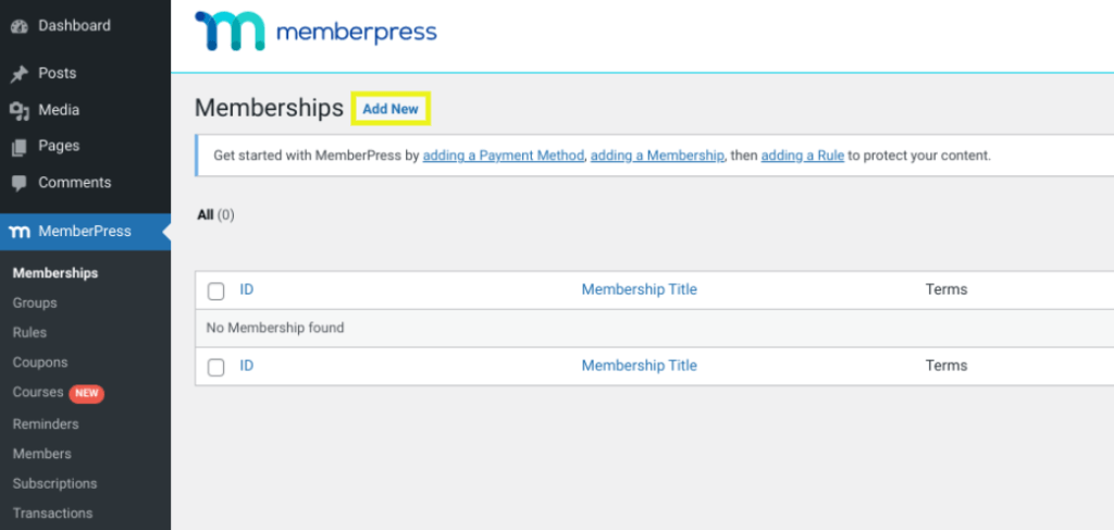 The screen to add a new membership in the MemberPress plugin.