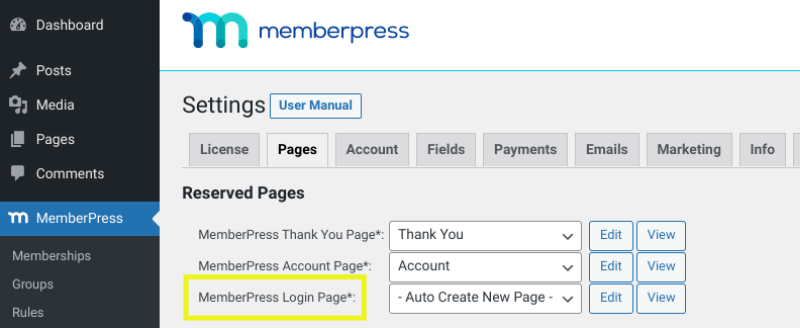 The screen to add a MemberPress Login Page.