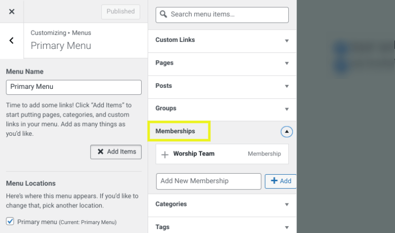 The option to add memberships to the Primary Menu in WordPress.