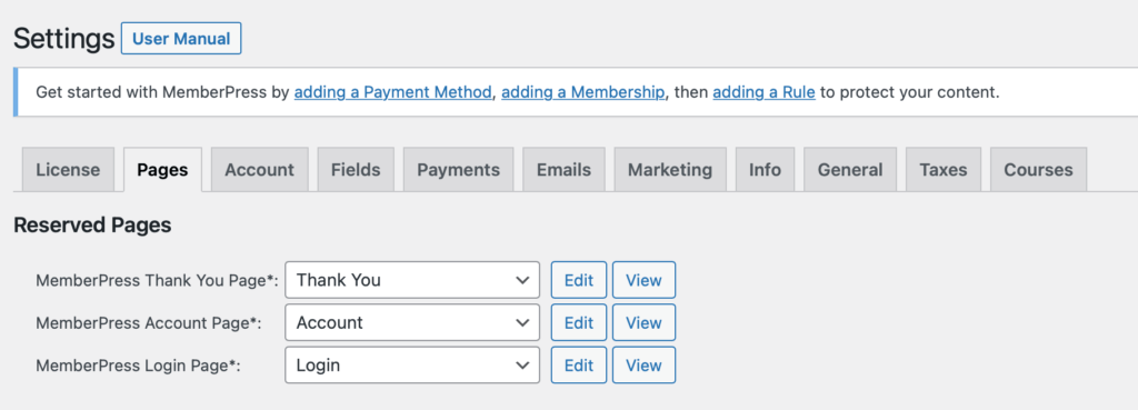 Setting up pages for a membership site