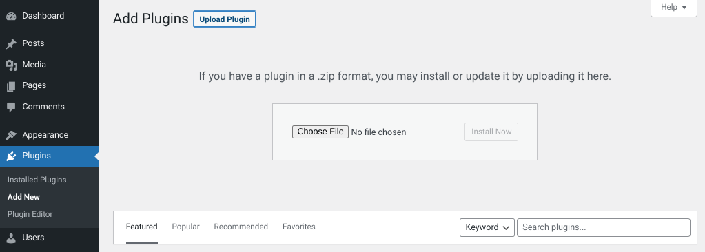 The "Add Plugins" screen for WordPress.
