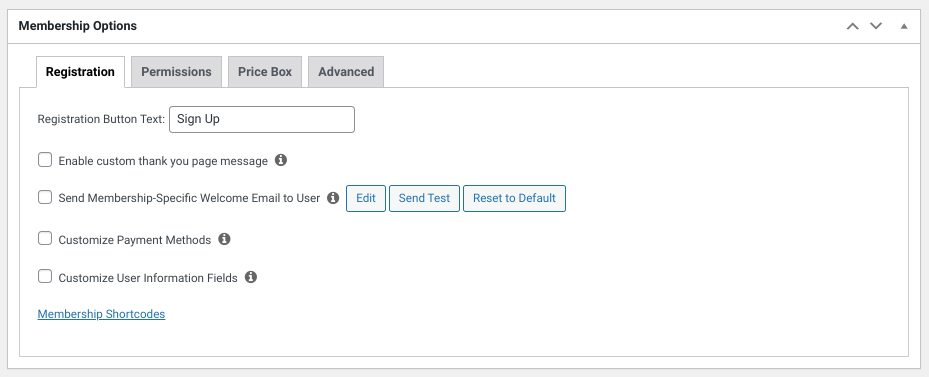 The Membership Options section of the MemberPress plugin.