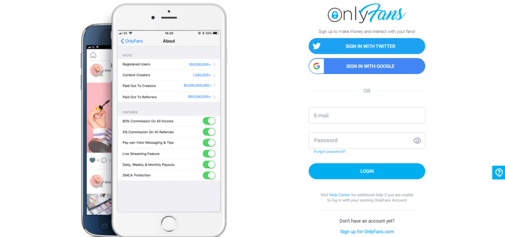 The OnlyFans membership site signup page