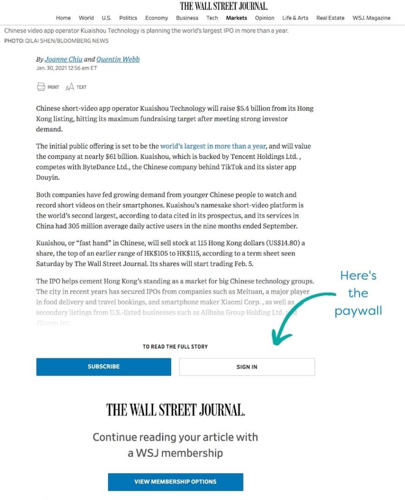 Ejemplo de muro de pago en The Wall Street Journal 