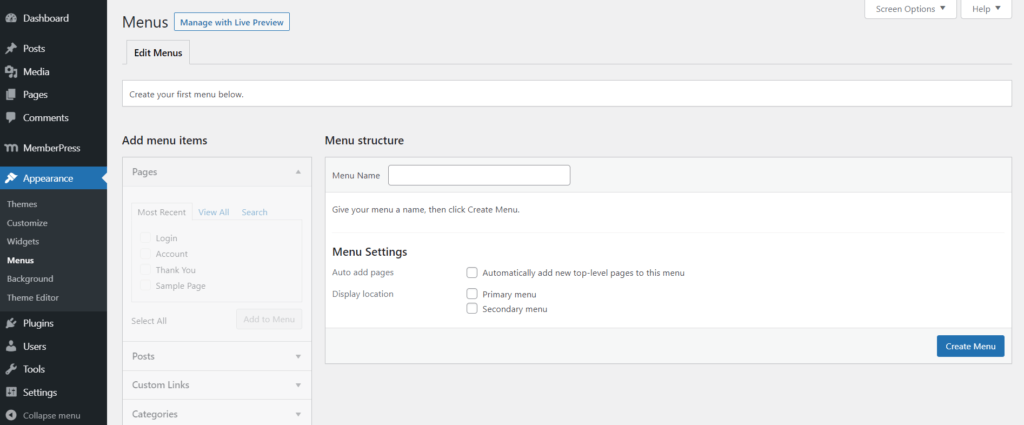 Menu customization screen in WordPress