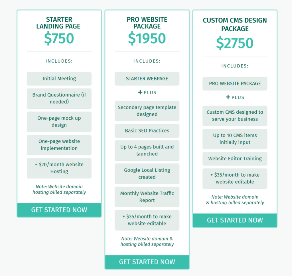 DH Creative pricing table