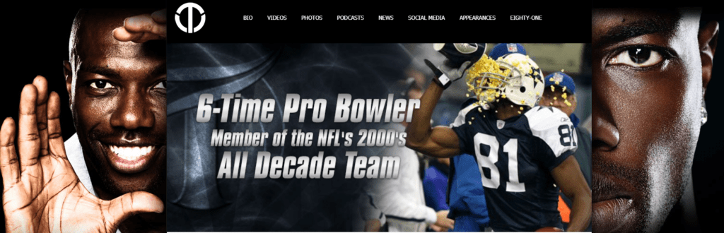 Página inicial do site oficial de Terrell Owens - exemplo de site de fãs