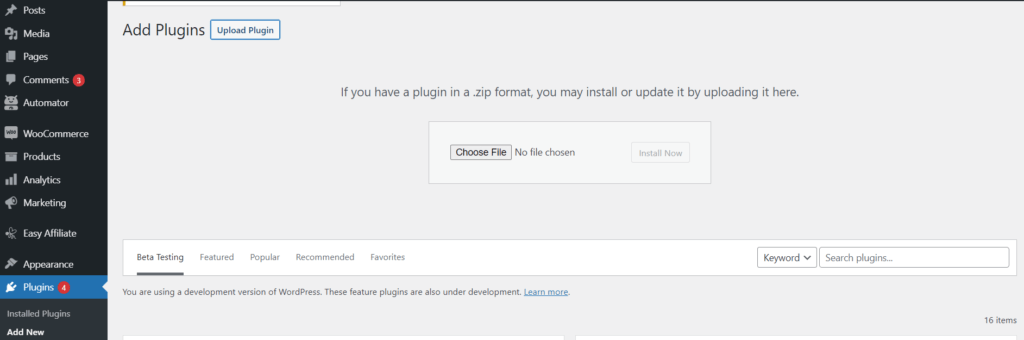 Uploading a new plugin with WordPress