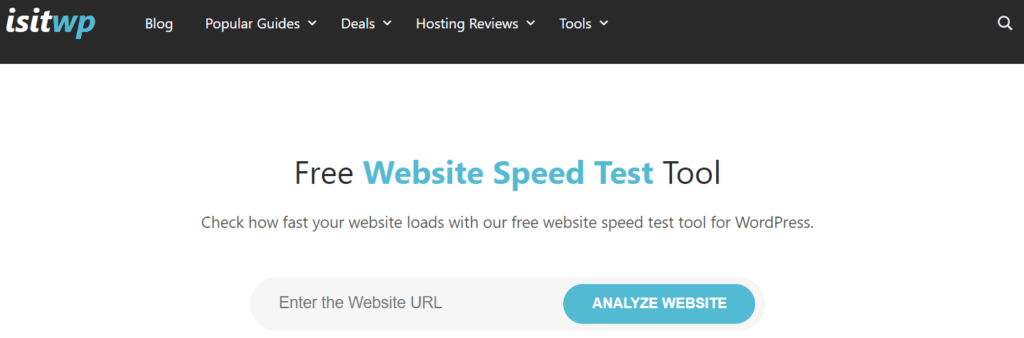 Page d'accueil de l'outil de test de vitesse WordPress isitwp