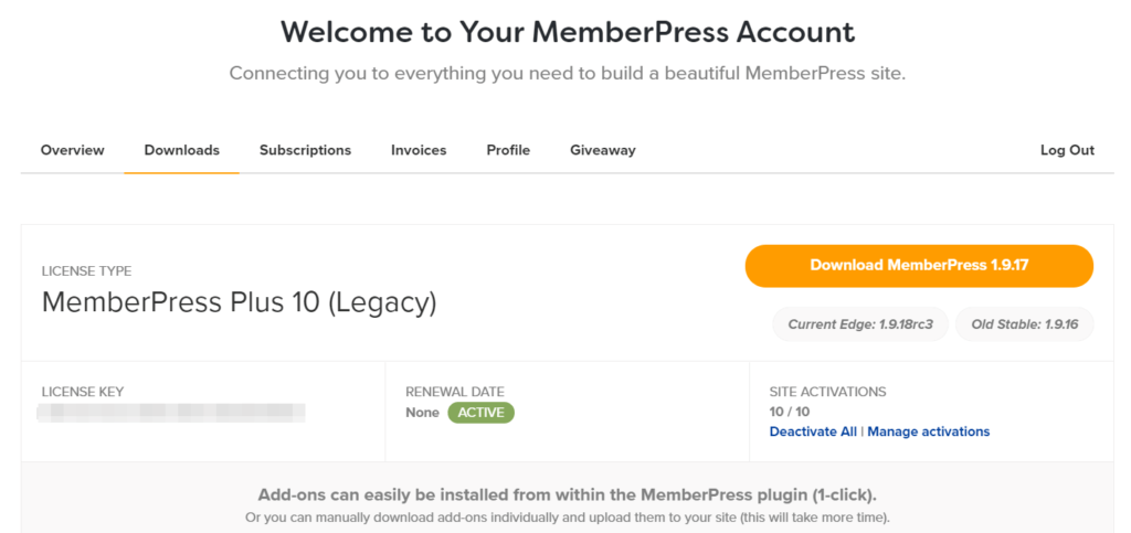 The MemberPress membership account dashboard