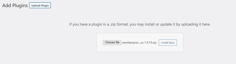A screenshot of how to install MemberPress plugin