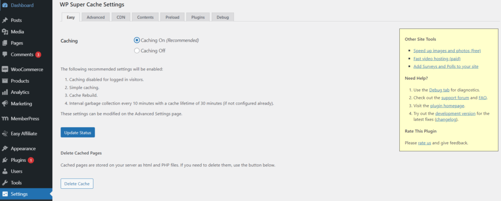 WP Super Cache settings dashboard