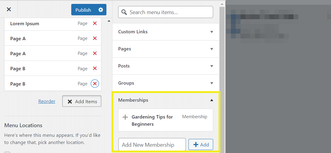 Adding a gardening membership menu in the WordPress customizer. 