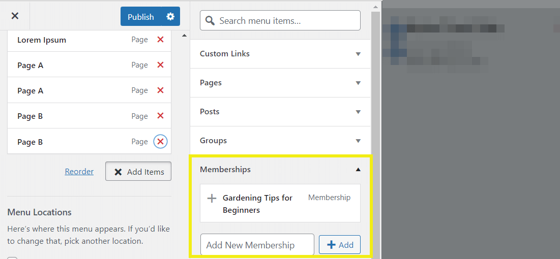 Añadir un menú de membresía de jardinería en el personalizador de WordPress. 