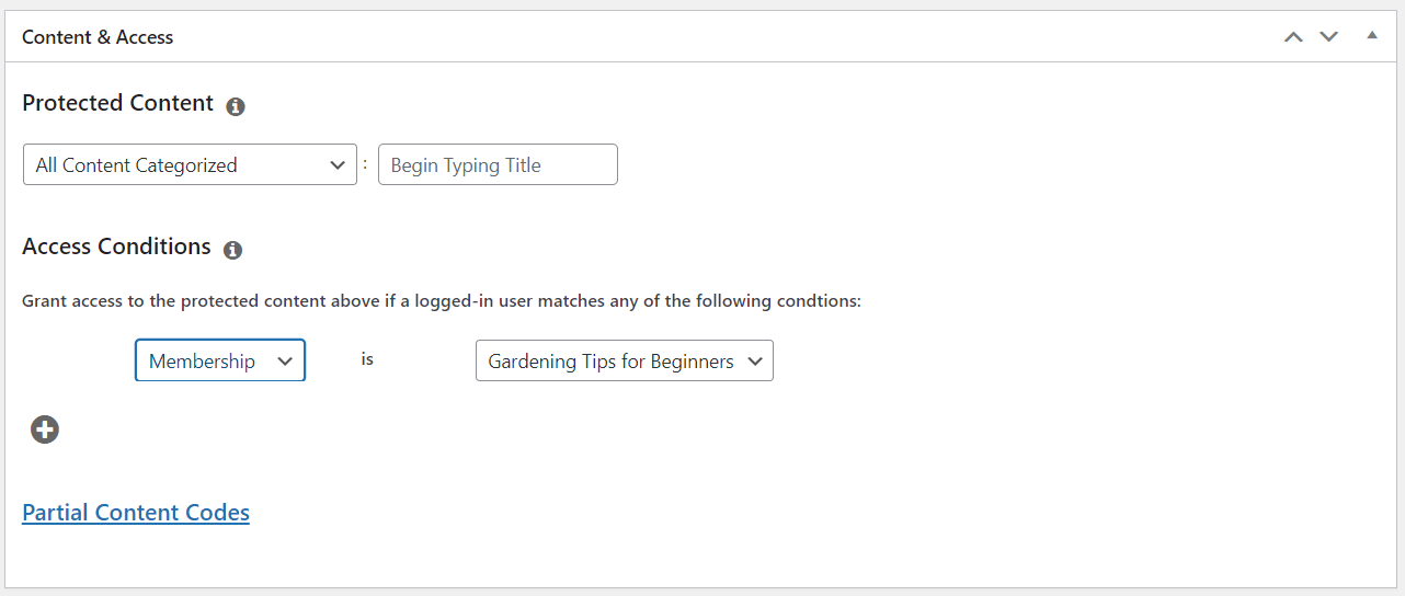 Setting up access conditions for a gardening membership site with MemberPress. 