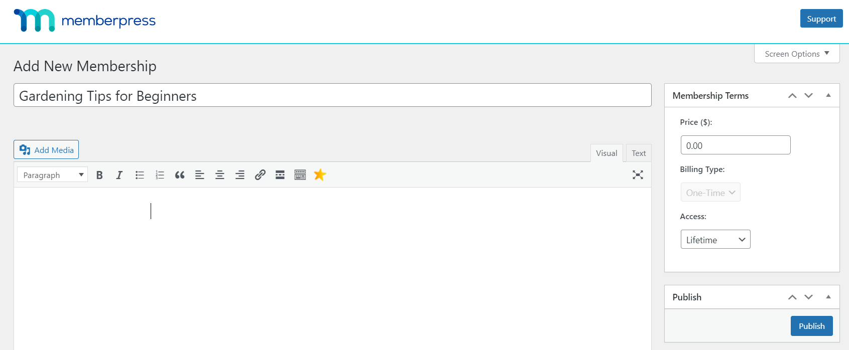 Adding a gardening membership plan with the MemberPress plugin. 