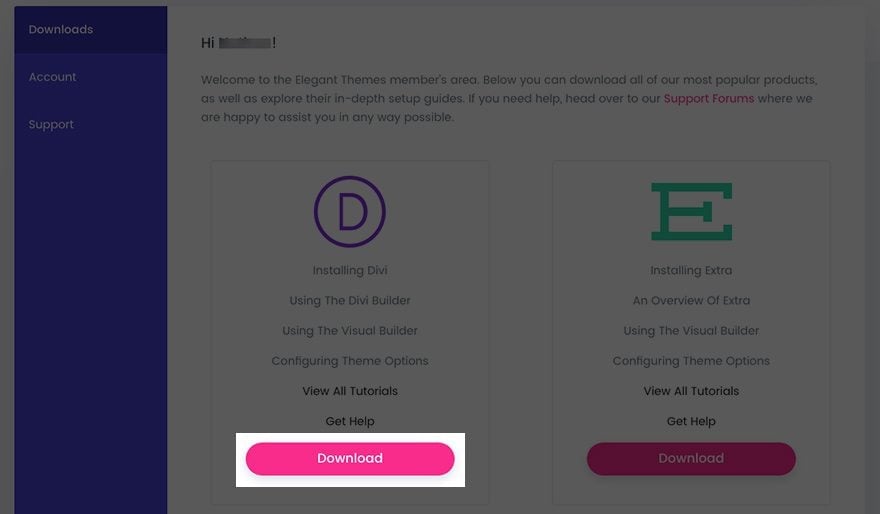 Screenshot showing the download button for Divi