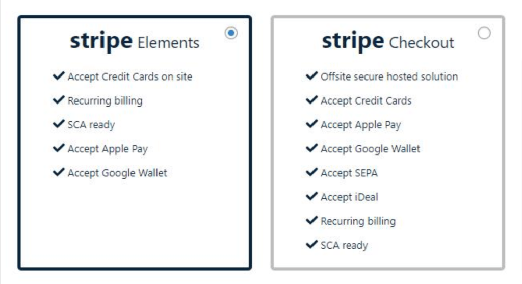 Stripe Elements et Stripe Checkout dans l'interface de configuration de MemberPress