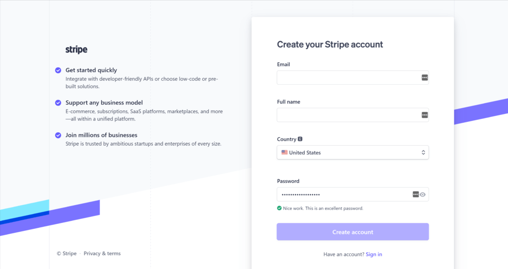 Página de registro do Stripe