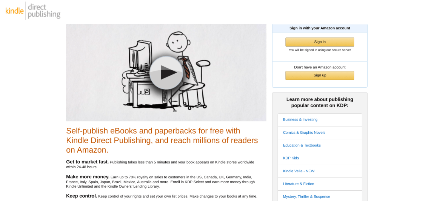 The Amazon Kindle Direct Publishing website.