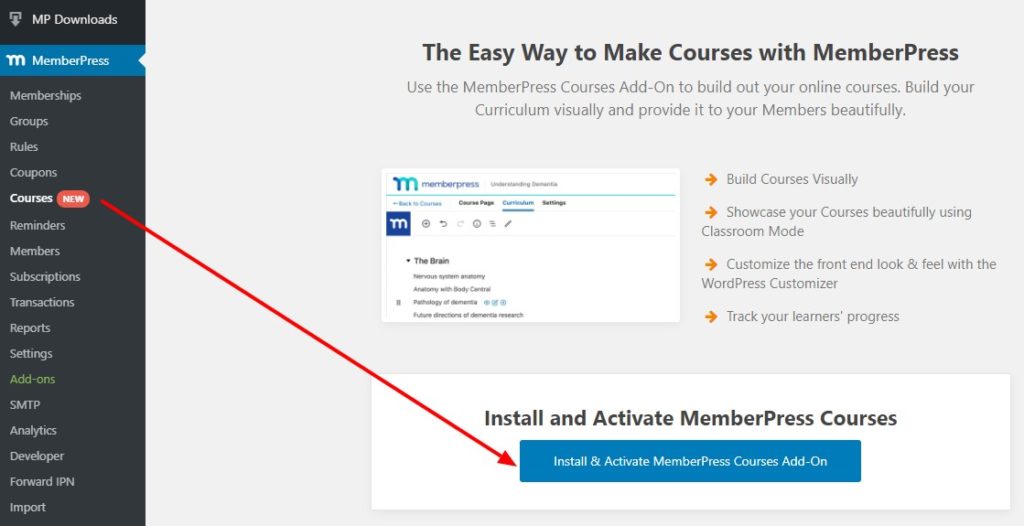 MemberPress Courses add-on tab 