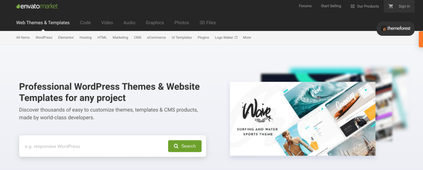 Le site web de ThemeForest.