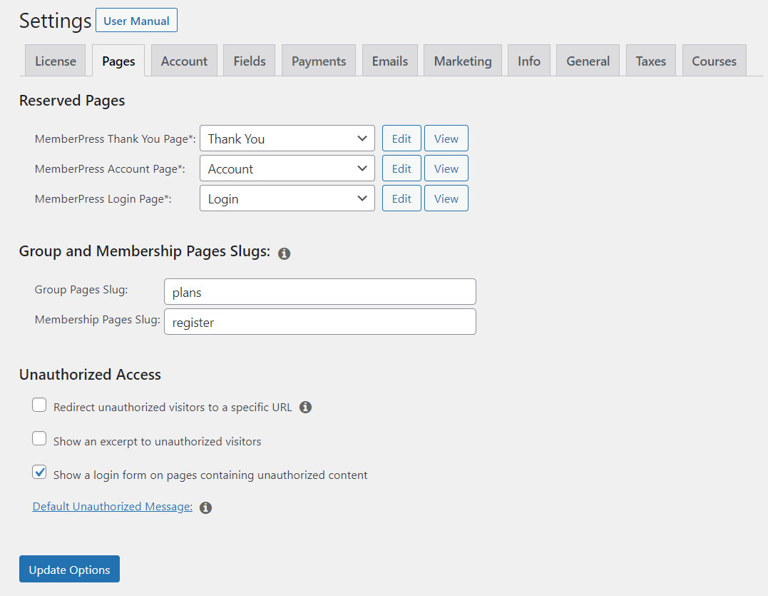 An example of the MemberPress page settings.