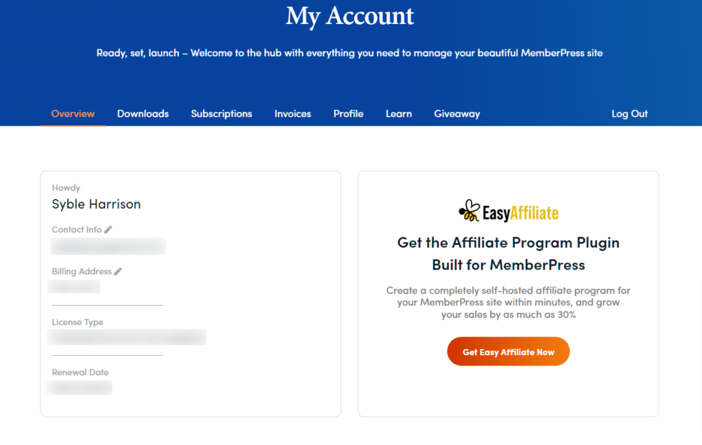 MemberPress user account dashboard