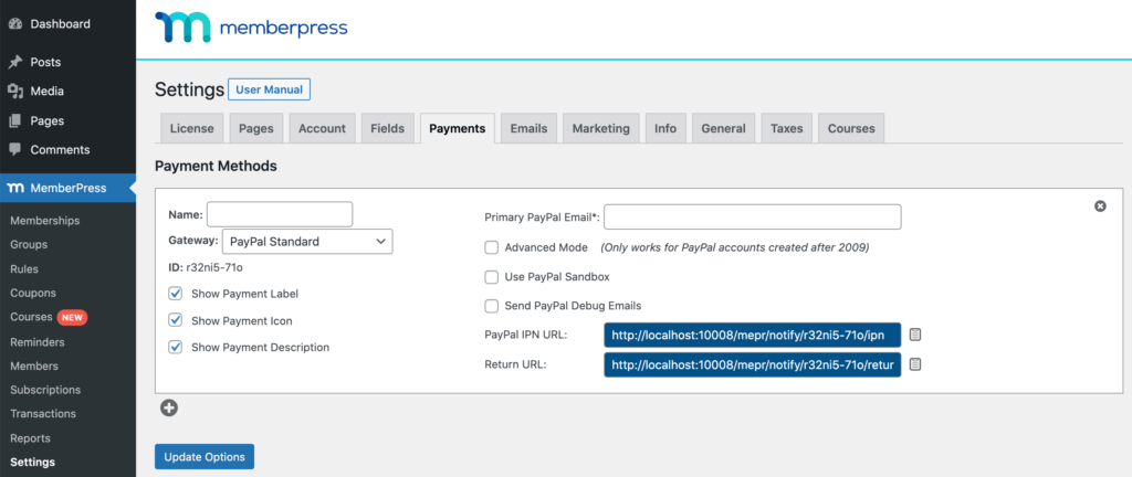 The MemberPress payment options.