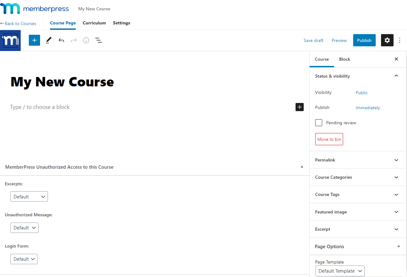The option to add a new course in MemberPress Courses.