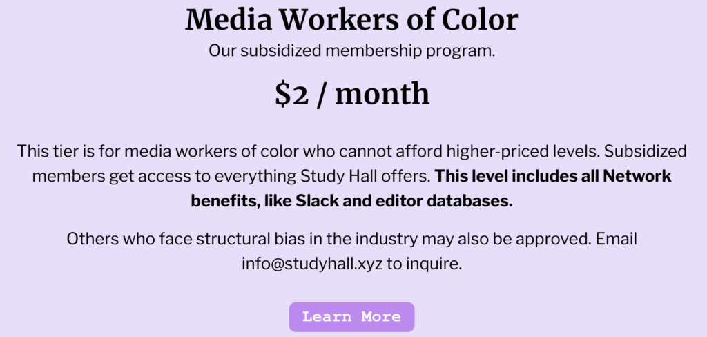 Study Hall'Media Workers of Color,' membership fees.